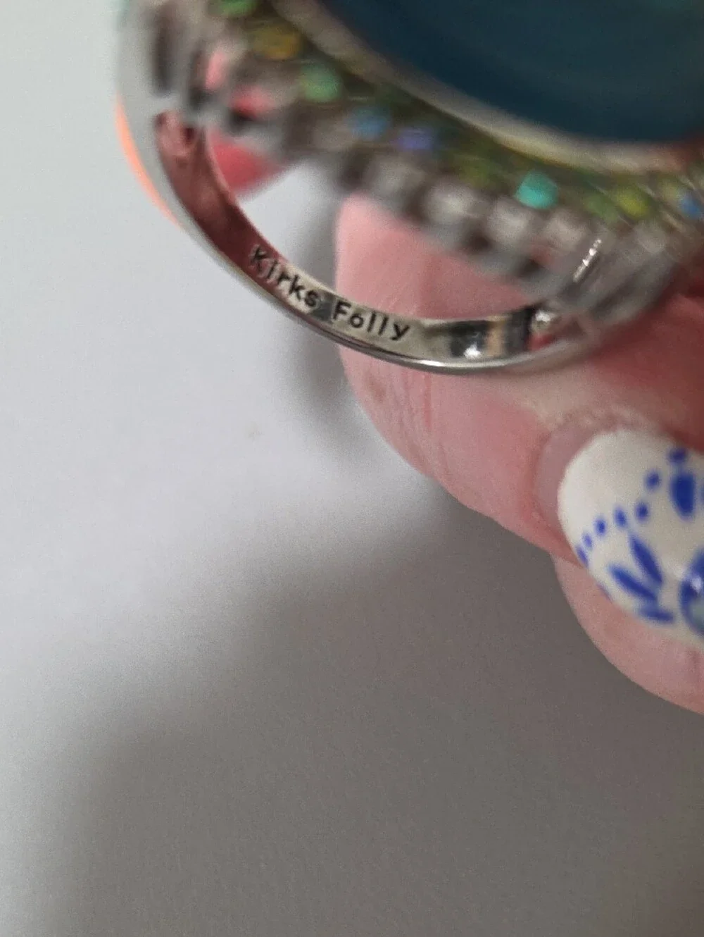 Kirks Folly Blue Unicorn Cameo Ring with Green Crystal Halo